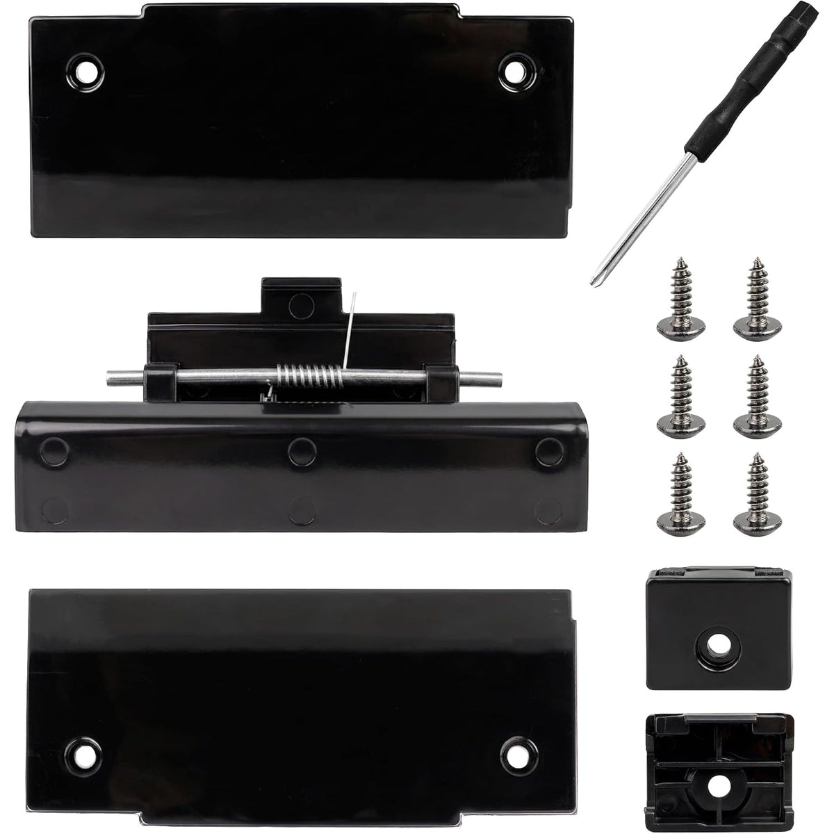 FCR08DCDTA Fridge Door Latch Kit with latch plates, latch assembly, screws, and screwdriver shown