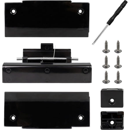 FCR08DCDTA Fridge Door Latch Kit with latch plates, latch assembly, screws, and screwdriver shown