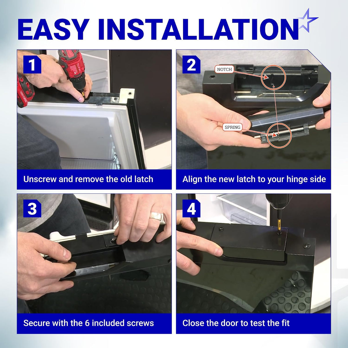 FCR08DCDTA fridge door latch kit installation guide showing four steps from removing the old latch to testing fit