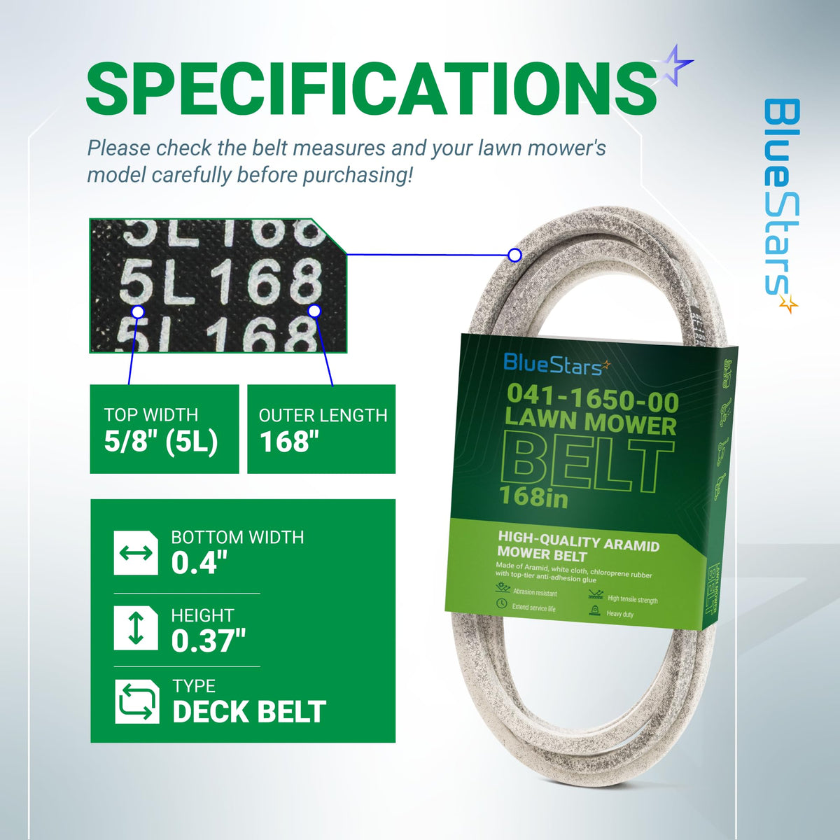 Specification chart for 041-1650-00 deck belt showing dimensions and 168-inch length for Bad Boy mower replacement.