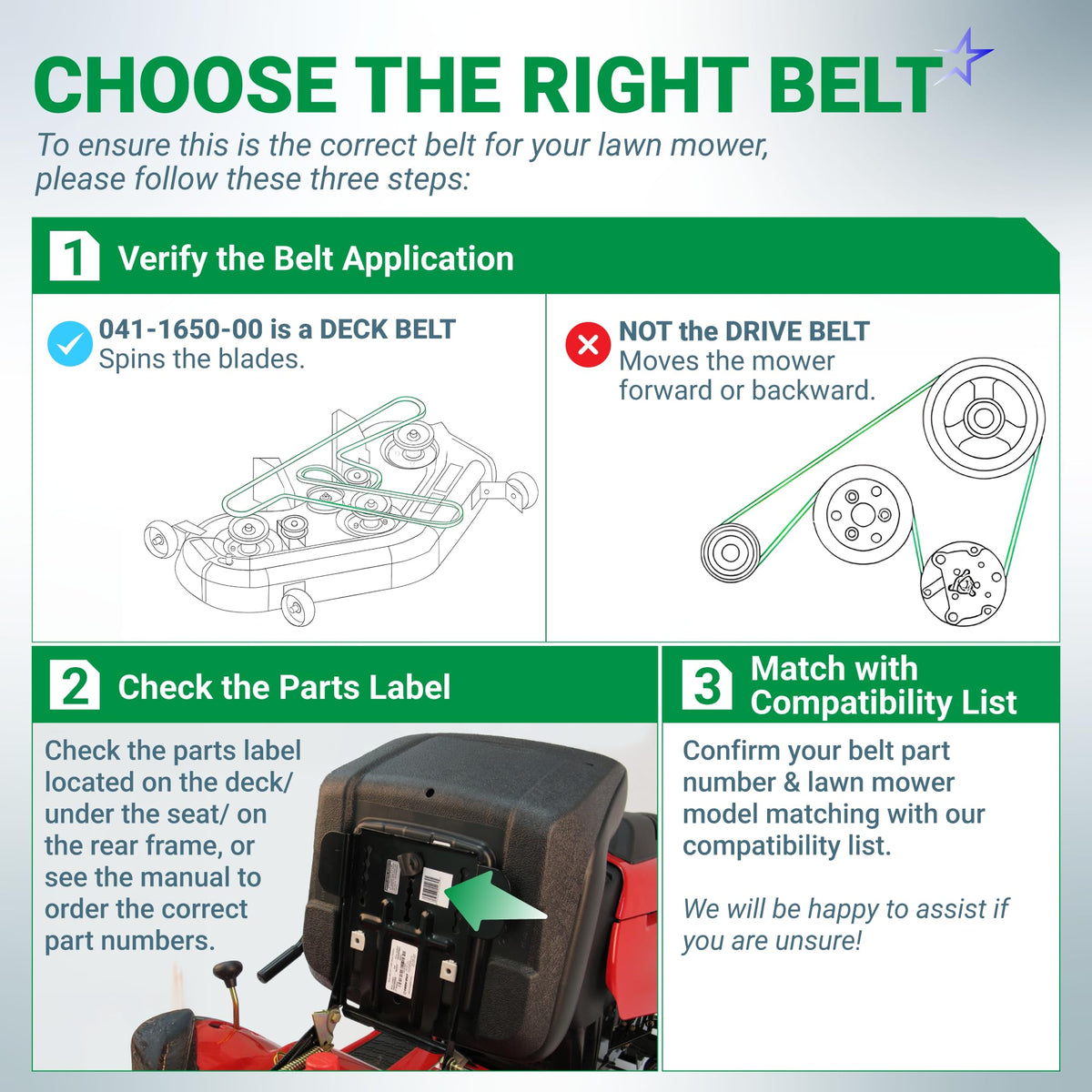 Instructional guide for identifying 041-1650-00 deck belt compatibility for Bad Boy lawn mowers.