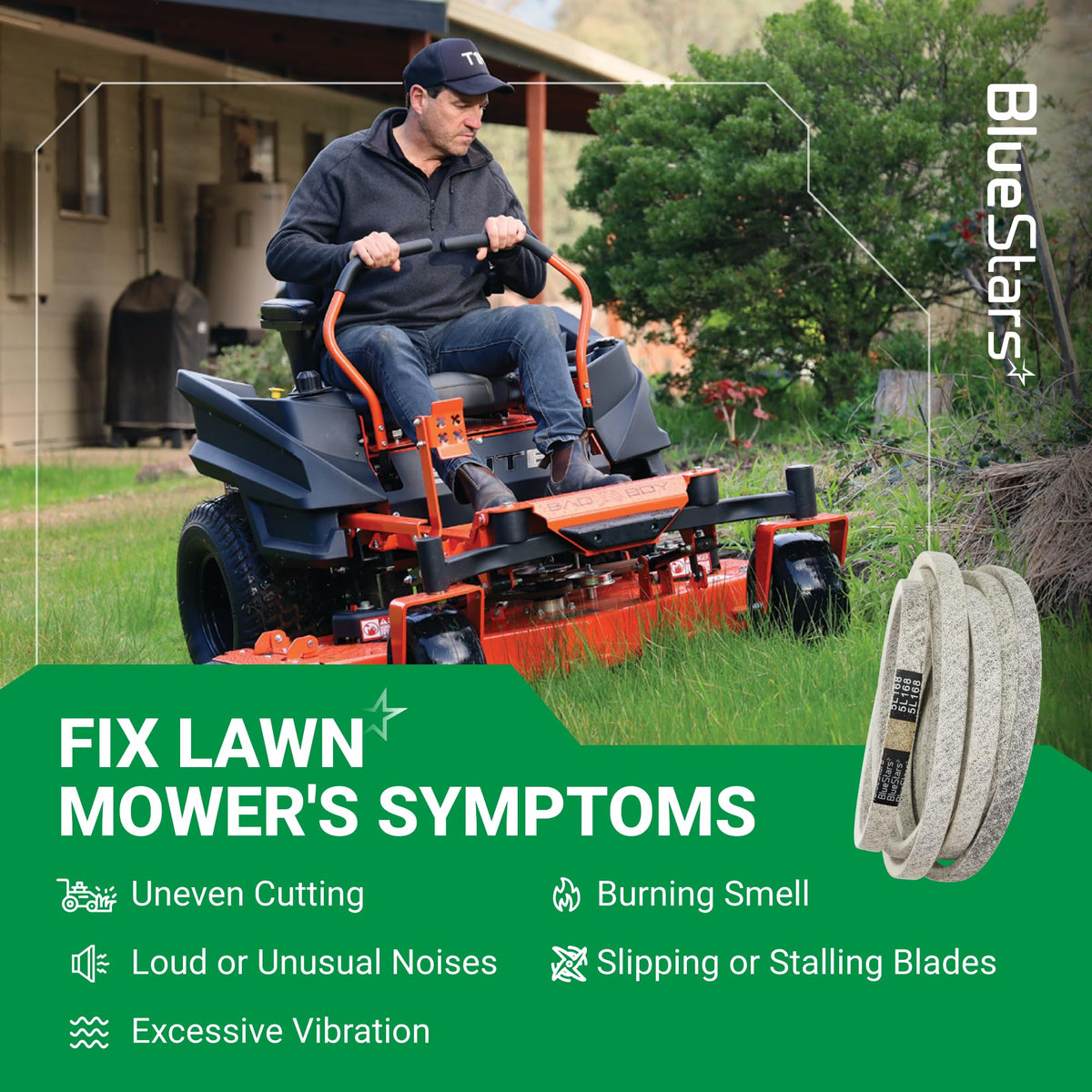 Replacement deck belt for Bad Boy zero-turn mowers shown with a man operating a mower in a residential yard.