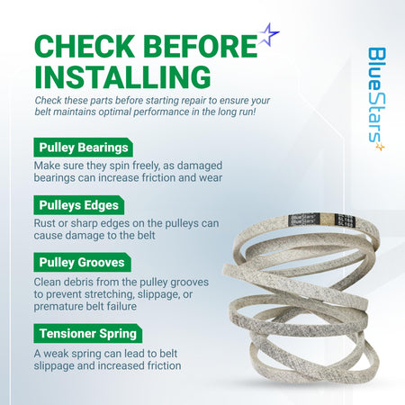 Informational graphic for 041-1650-00 mower deck belt installation tips and maintenance checklist.