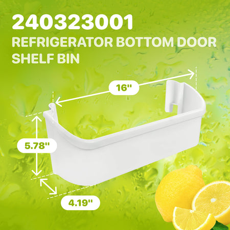 240323001 Refrigerator Bottom Door Shelf Bin with dimensions diagram showing 16, 5.78, and 4.19 inches