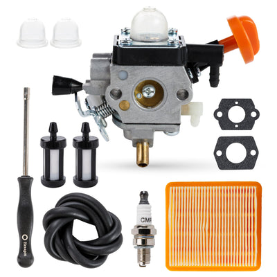 Carburetor maintenance kit for STIHL FS 91 R trimmer including carburetor, air filter, spark plug, and fuel line tools.