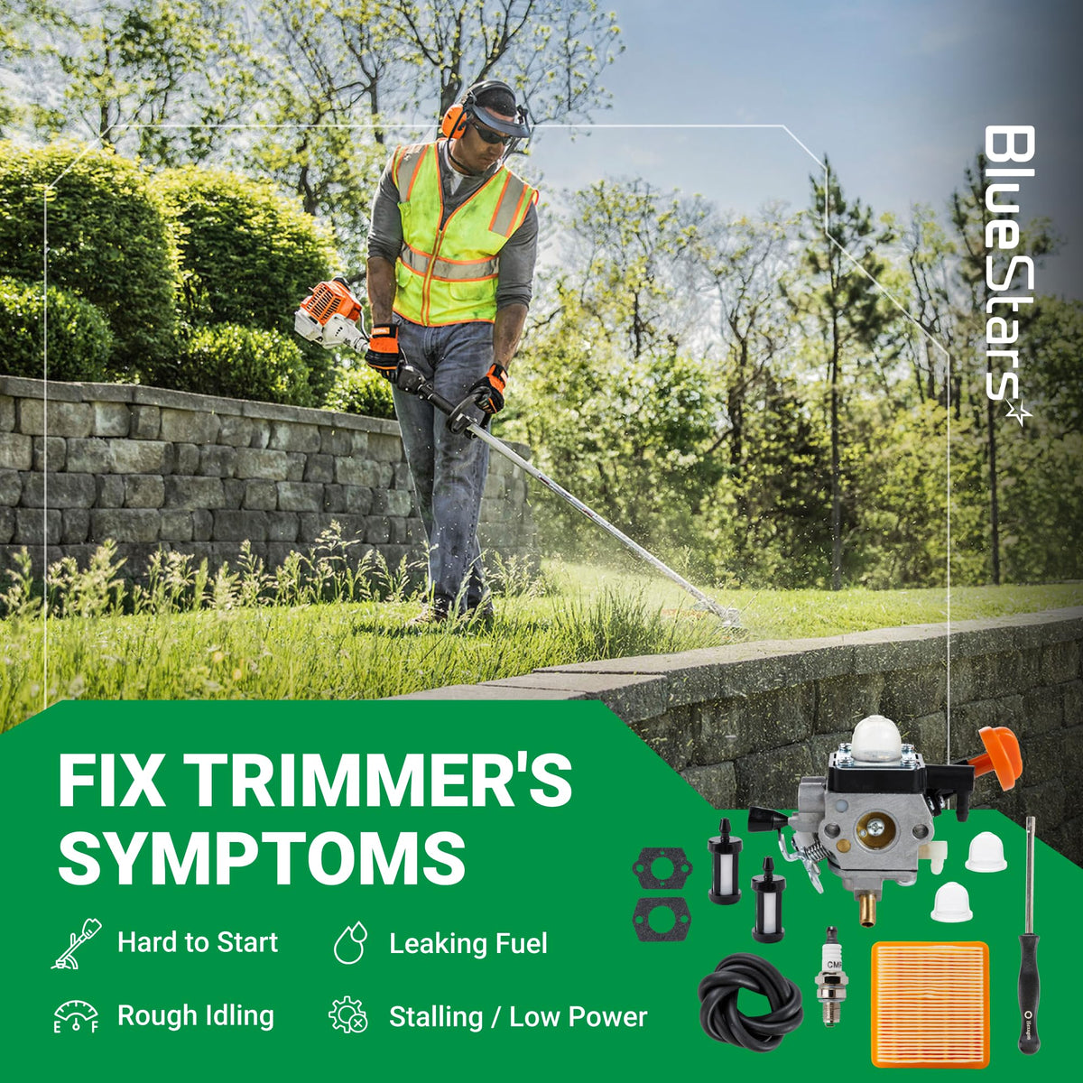 STIHL FS 91 R trimmer carburetor repair kit showing components to fix engine starting and idling issues.