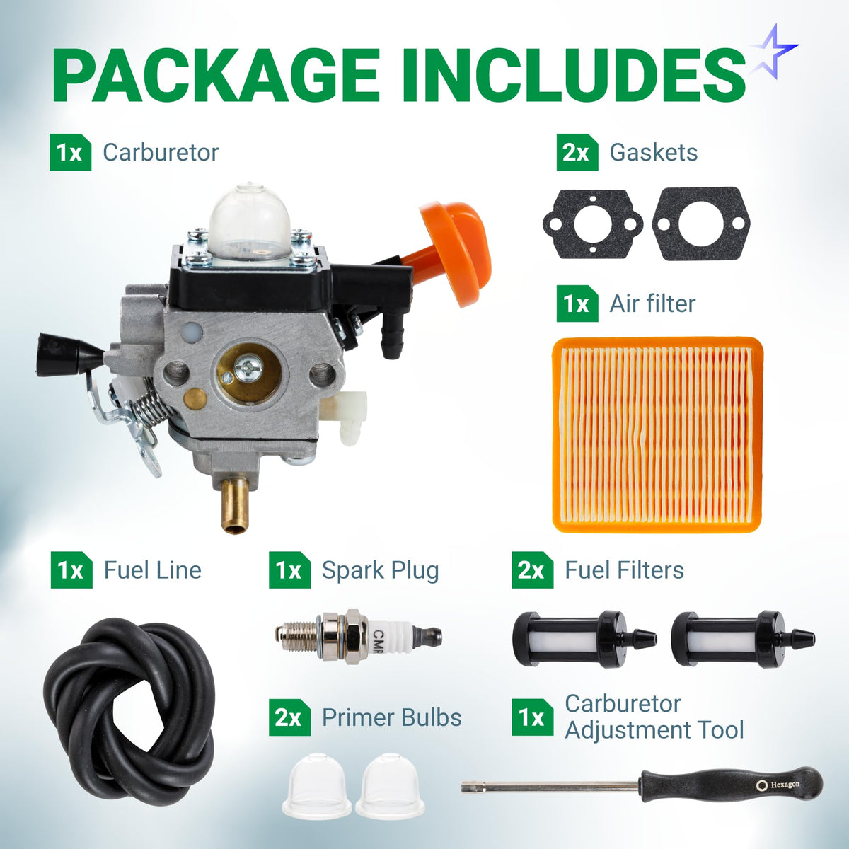 FS 91 R trimmer carburetor maintenance kit including carburetor, air filter, gaskets, fuel line, spark plug, and tools.