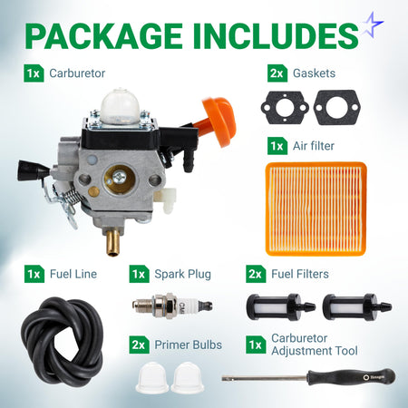FS 91 R trimmer carburetor maintenance kit including carburetor, air filter, gaskets, fuel line, spark plug, and tools.