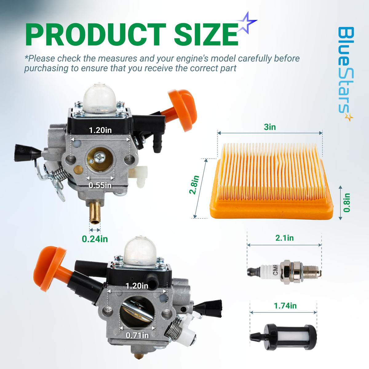 Dimensional diagram of FS 91 R trimmer carburetor kit components including air filter, spark plug, and fuel filter.