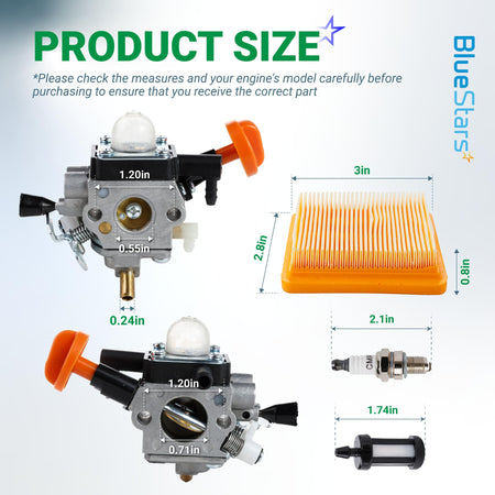 Dimensional diagram of FS 91 R trimmer carburetor kit components including air filter, spark plug, and fuel filter.