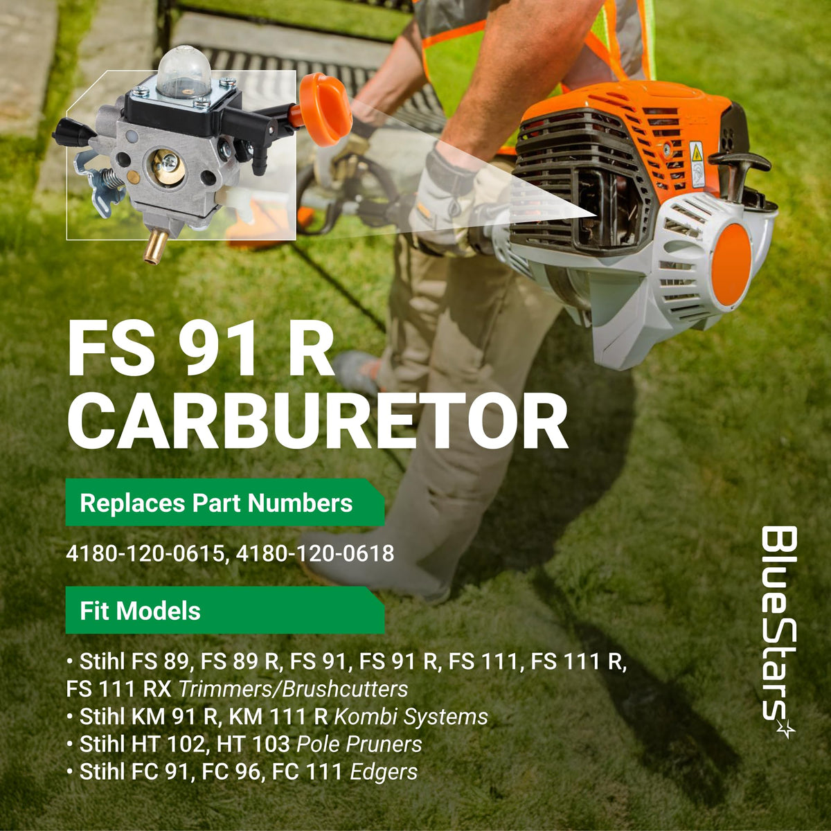 Replacement carburetor for STIHL FS 91 R trimmer with compatibility list and part number reference.