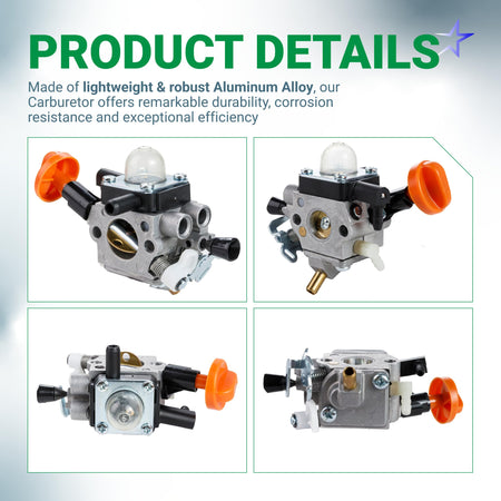 Four-angle view of aluminum alloy carburetor for STIHL FS 91 R trimmer and brushcutter replacement.