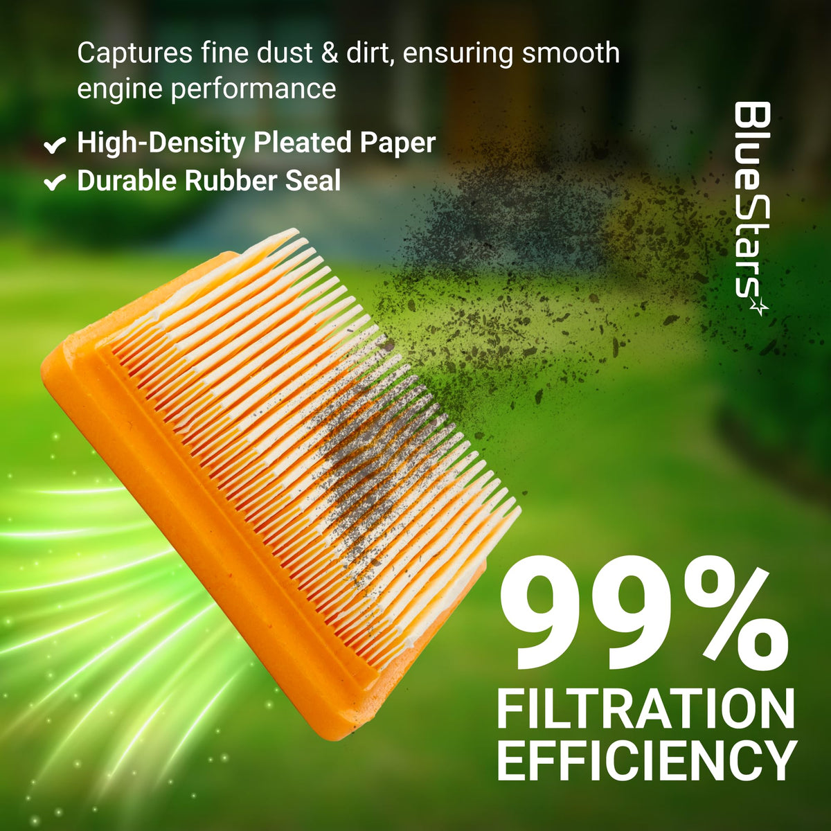 Pleated paper air filter for STIHL FS 91 R trimmer showing 99% filtration efficiency against dust and dirt.