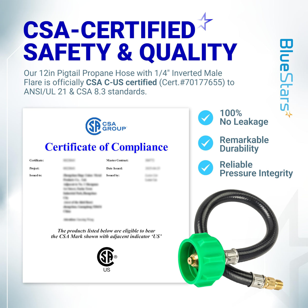 CSA-certified 12-inch pigtail propane hose connector with compliance certificate and safety features.