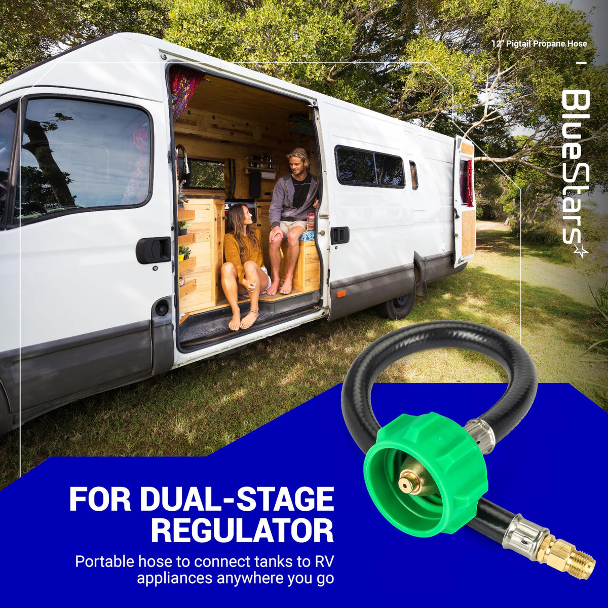 12-inch pigtail propane hose connector for dual-stage RV regulators.