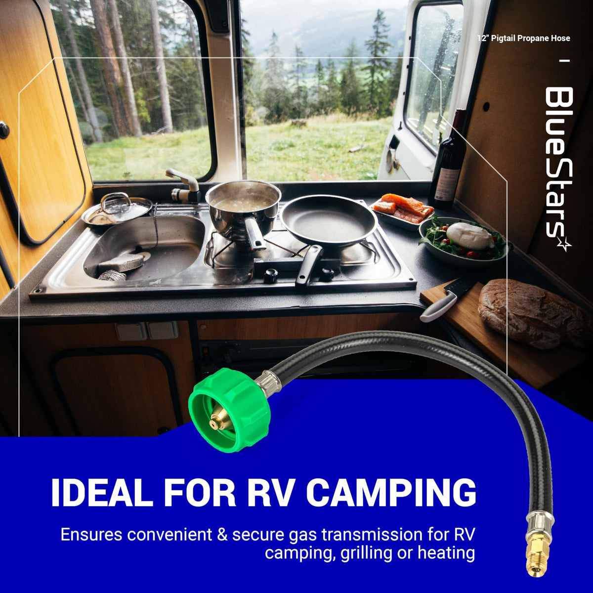 12-inch pigtail propane hose connector with green tightening nut for RV camping and gas appliances.