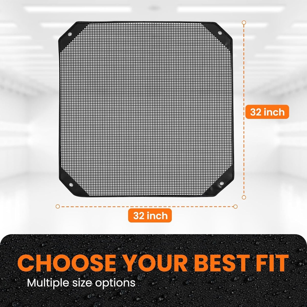 32x32 inch square black mesh AC condenser cover with dimension labels and size selection graphic.