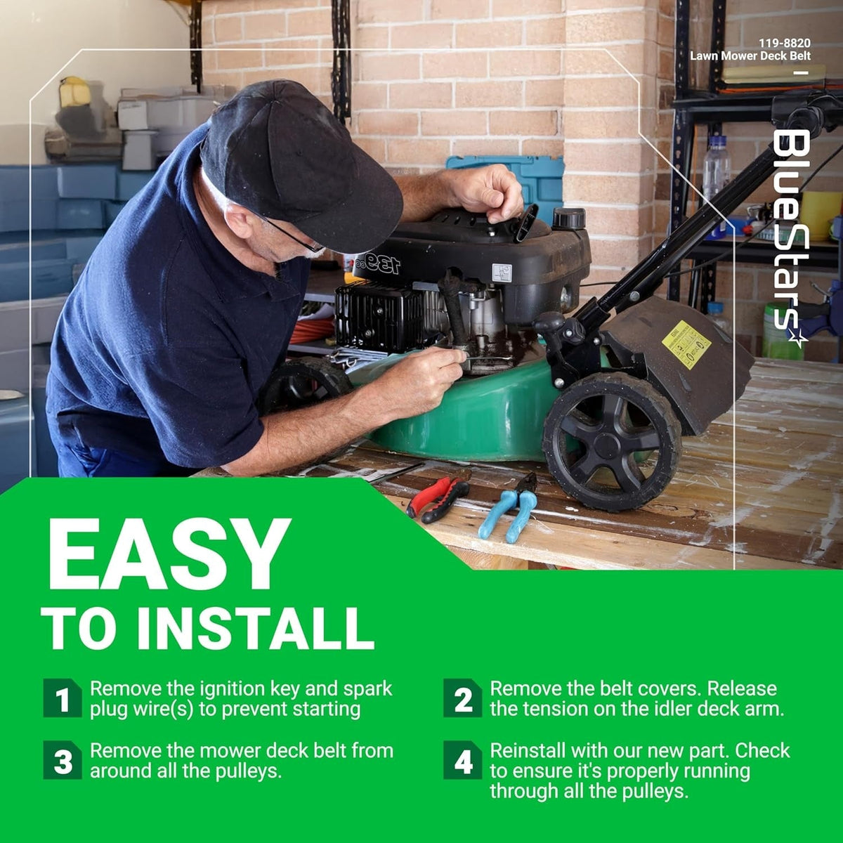 Instructional graphic showing how to install a 119-8820 mower deck V-belt on a lawn mower.