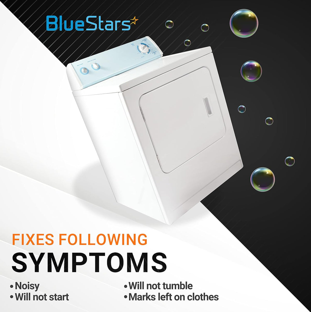 White clothes dryer showing symptoms fixed by the dryer repair kit including noise and failure to tumble.