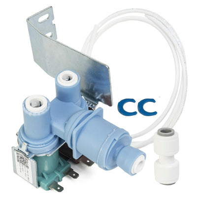 W10408179 refrigerator water inlet valve with mounting bracket, tubing, and blue locking clips.
