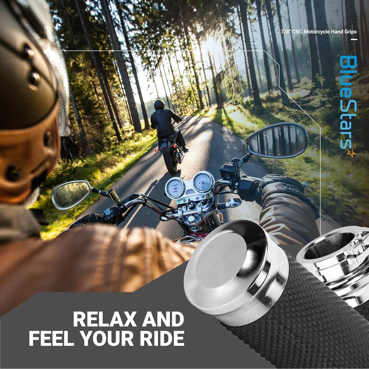 Close-up of CNC aluminum and rubber motorcycle hand grips for 7/8 inch handlebars.