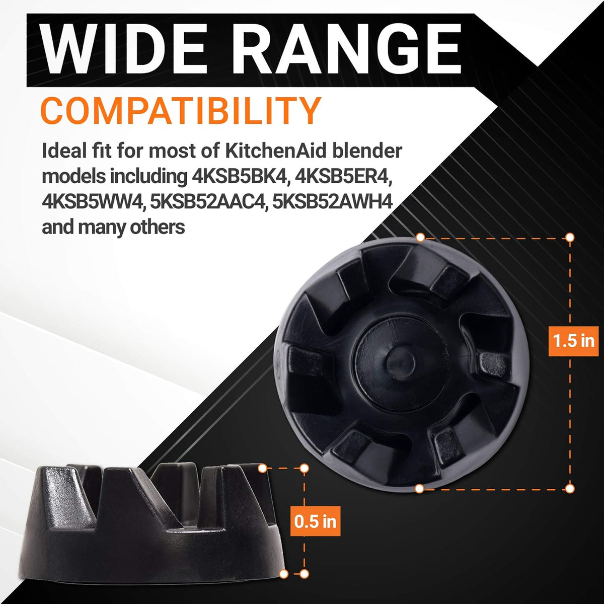 9704230 blender drive coupling replacement showing dimensions and KitchenAid blender compatibility information.