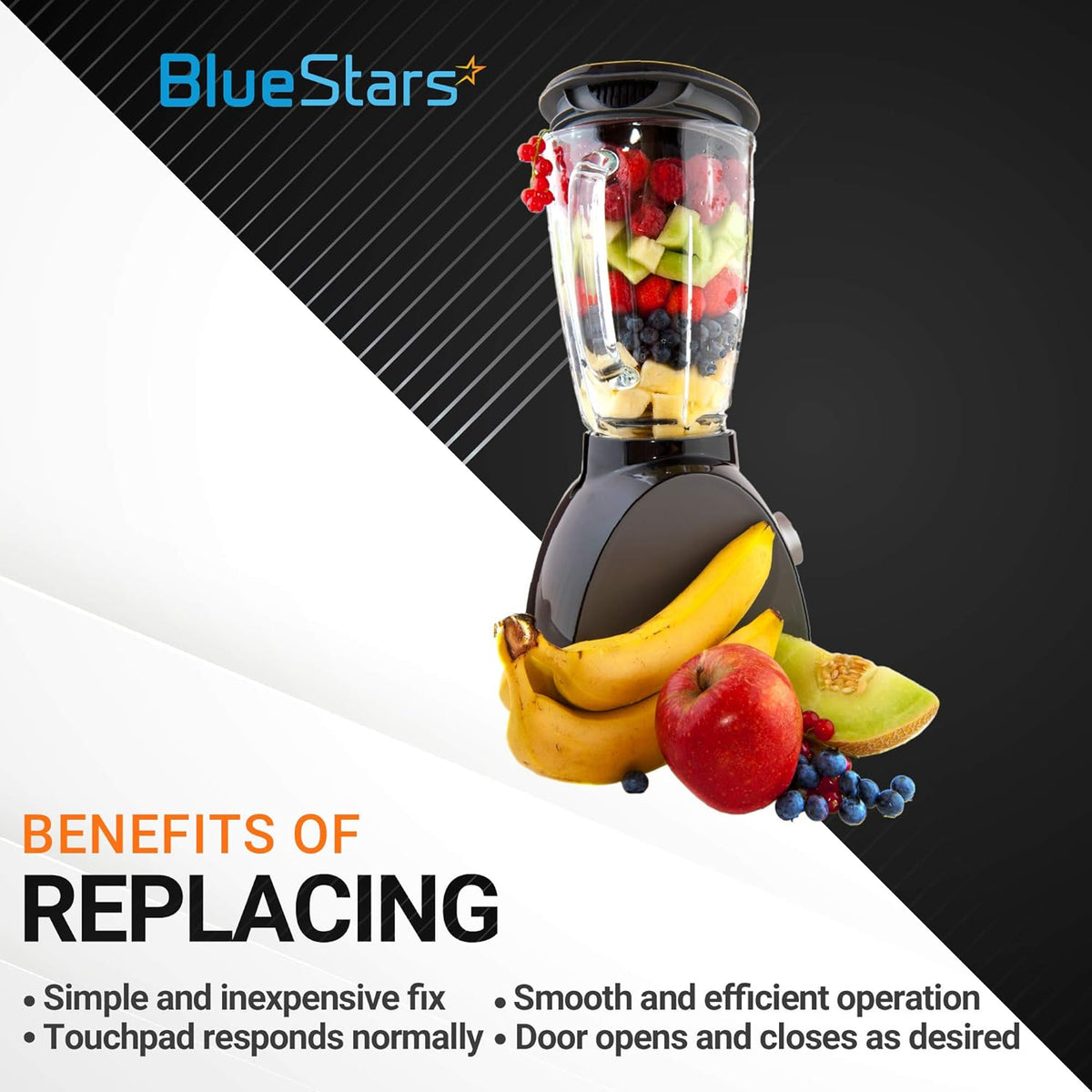 Infographic showing a blender with fruit, highlighting the benefits of replacing the 9704230 blender drive coupling.
