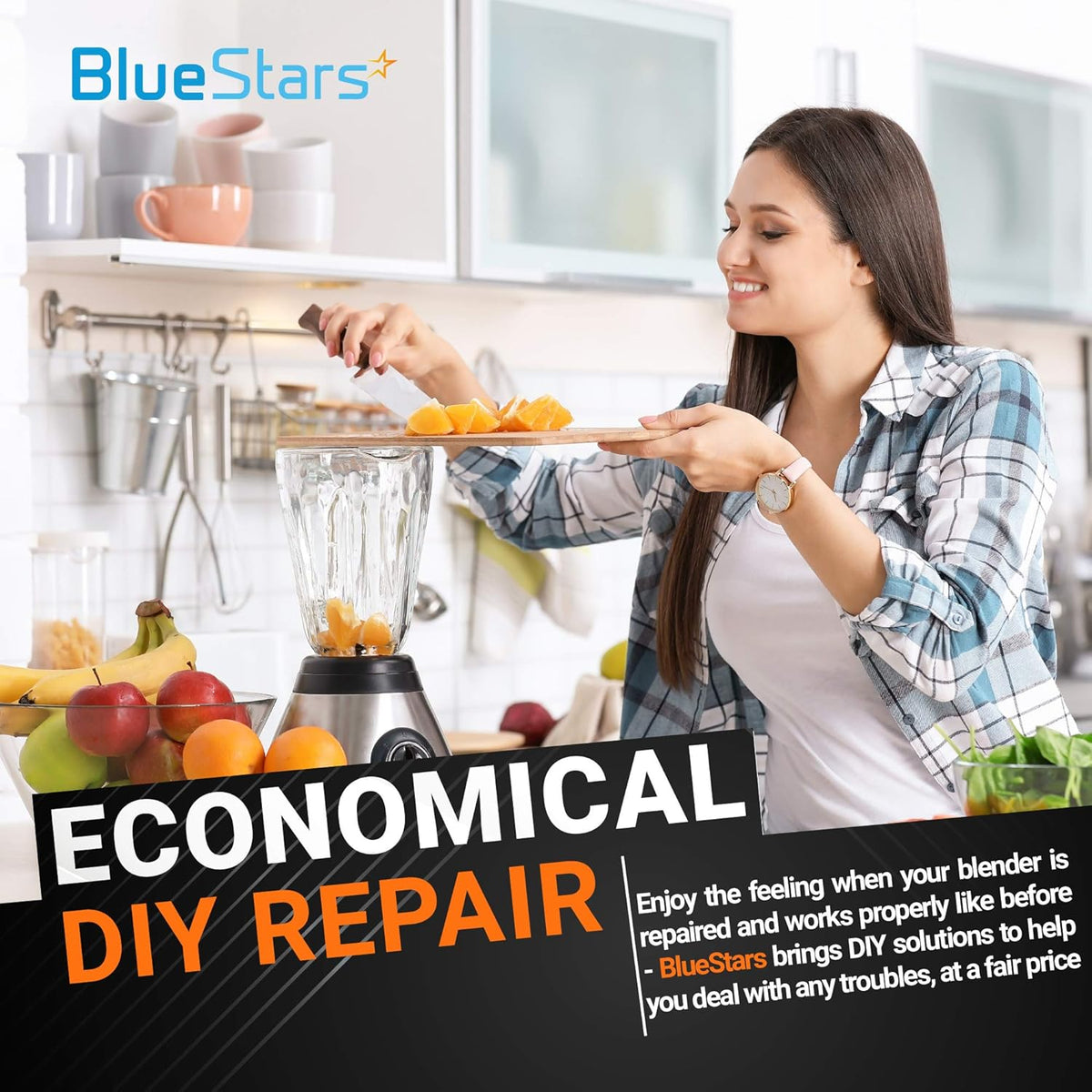 Woman using a blender in a kitchen to promote DIY repair solutions for KitchenAid blender drive couplings.