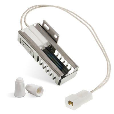 W11596211 gas range oven igniter with wire harness and two wire nuts for Whirlpool, Maytag, and KitchenAid stoves.