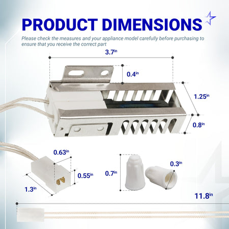 W11596211 gas range oven igniter replacement part with detailed dimension measurements and wire length specifications.