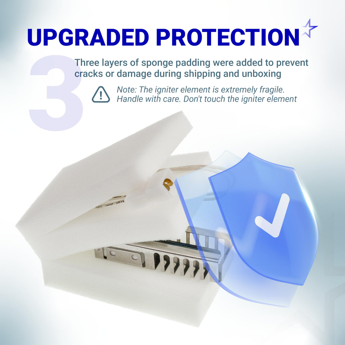 W11596211 gas range oven igniter packaged in protective sponge padding for safe shipping.