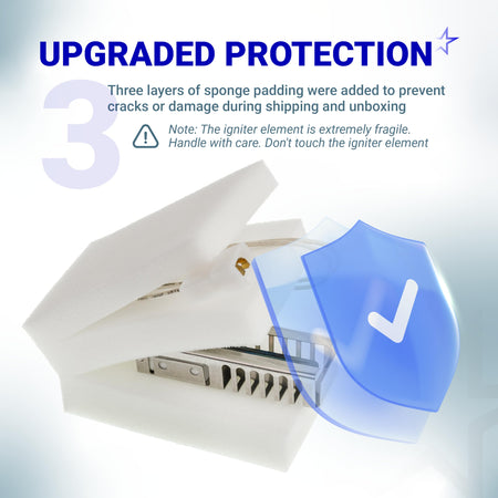 W11596211 gas range oven igniter packaged in protective sponge padding for safe shipping.