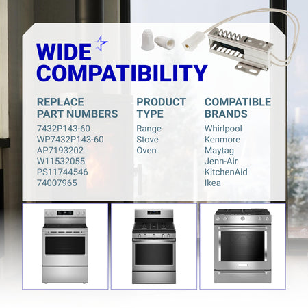 W11596211 gas range oven igniter compatibility chart showing replacement part numbers and compatible appliance brands.
