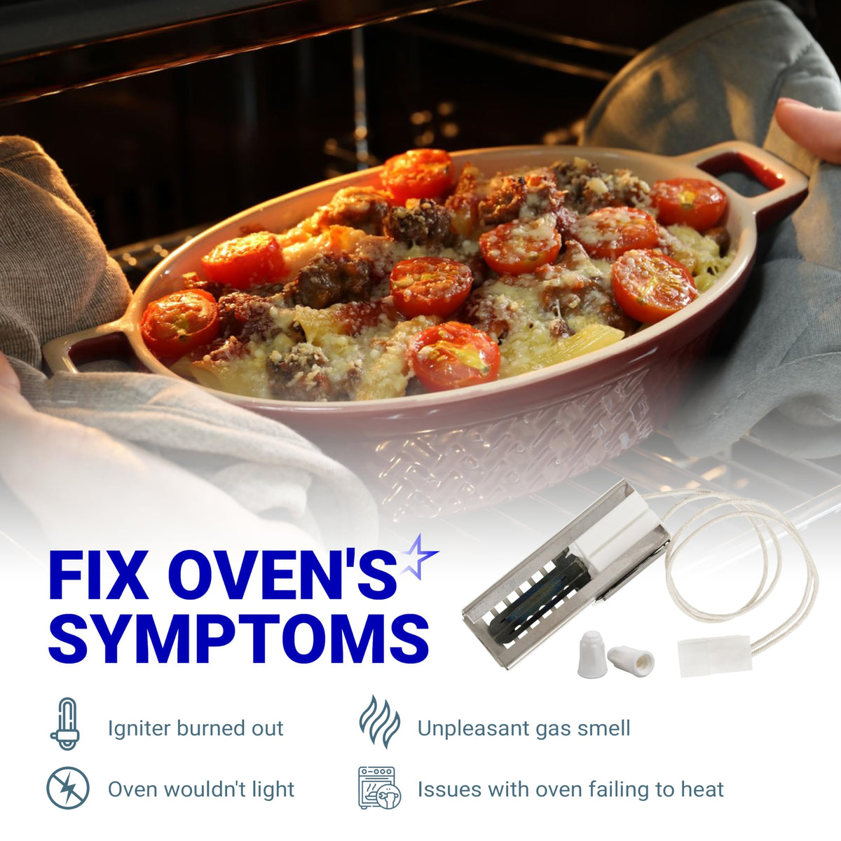 W11596211 gas range oven igniter replacement part shown with common oven repair symptoms and troubleshooting guide.