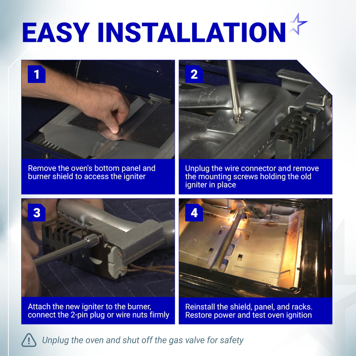 Four-step installation guide for W11596211 gas range oven igniter showing removal and replacement process.