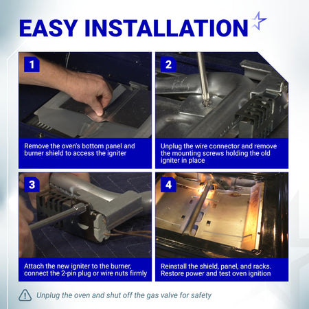Four-step installation guide for W11596211 gas range oven igniter showing removal and replacement process.