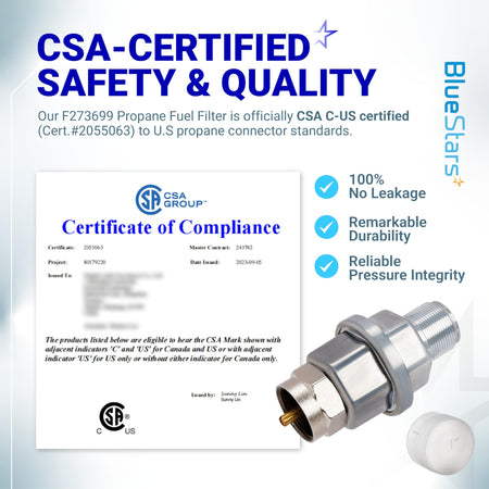 F273699 propane fuel filter shown with CSA certification document for Mr. Heater compatibility.