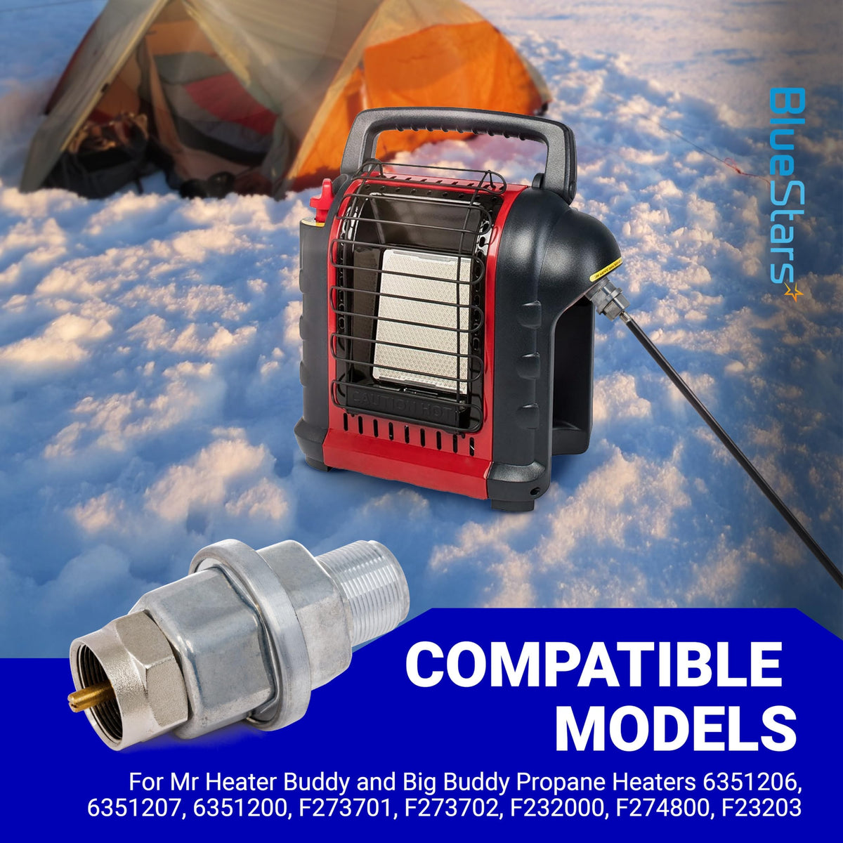 F273699 propane fuel filter for Mr. Heater Buddy portable heaters shown with compatible heater model.