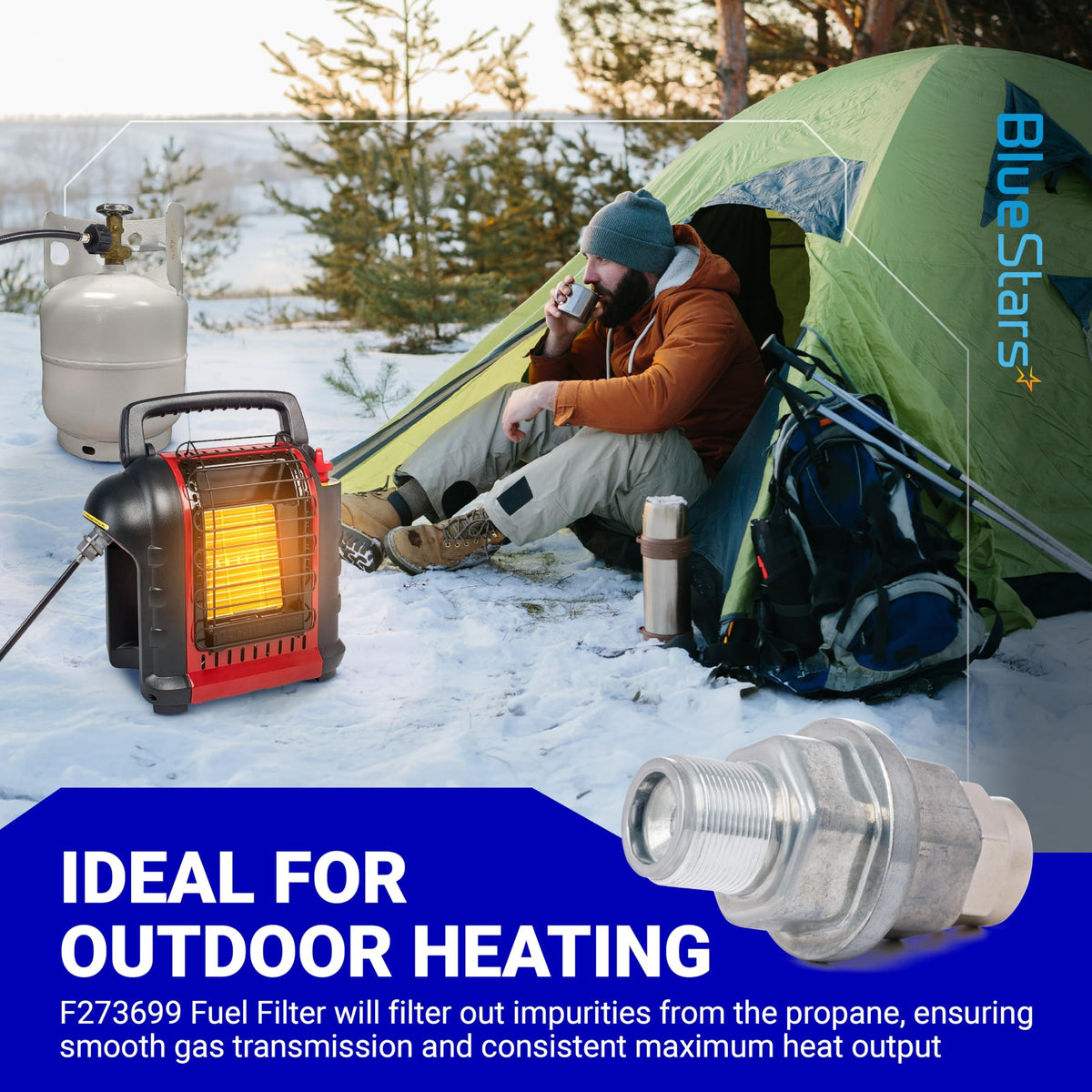 F273699 propane fuel filter for Mr. Heater portable heaters shown in a lifestyle camping setting.