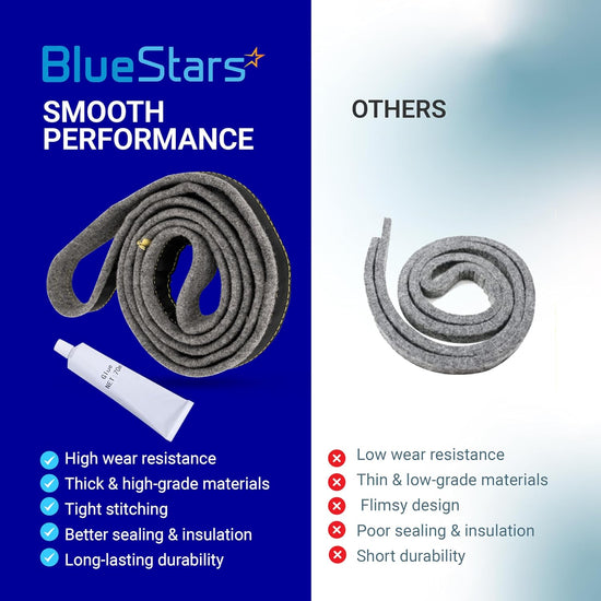 Comparison chart showing BlueStars DC97-07618A dryer drum felt seal with adhesive glue versus a generic seal.