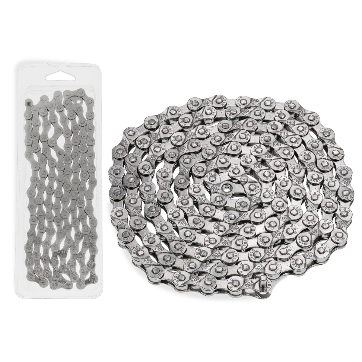 6/7/8 speed bicycle chain with 116 links and anti-rust finish, shown coiled next to its retail packaging.
