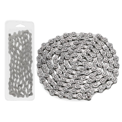 6/7/8 speed bicycle chain with 116 links and anti-rust finish, shown coiled next to its retail packaging.