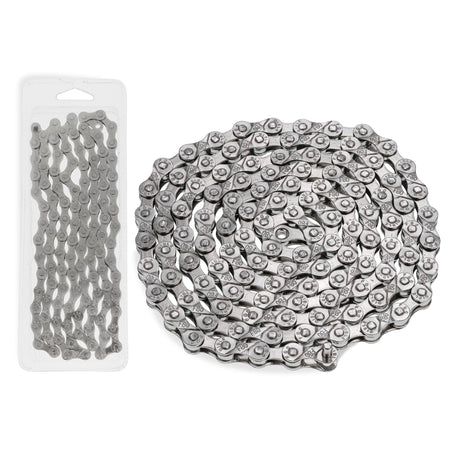 6/7/8 speed bicycle chain with 116 links and anti-rust finish, shown coiled next to its retail packaging.