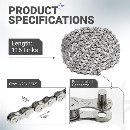 Infographic showing 116-link bicycle chain specifications, 1/2 x 3/32 inch sizing, and pre-installed connector details.