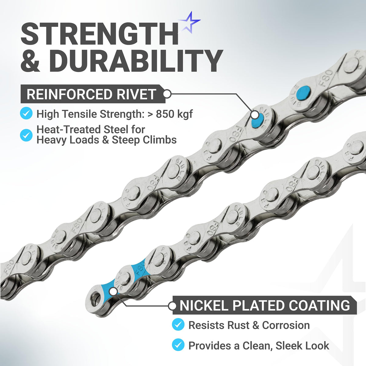 Close-up of 6/7/8 speed bike chain showing reinforced rivets and nickel-plated anti-rust coating.