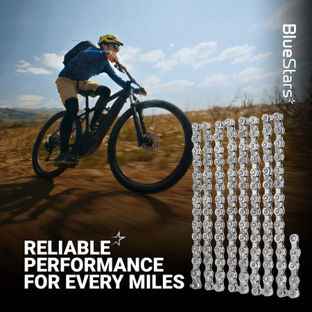 6/7/8 speed anti-rust bicycle chain with 116 links for MTB and road bikes, shown with a cyclist in the background.