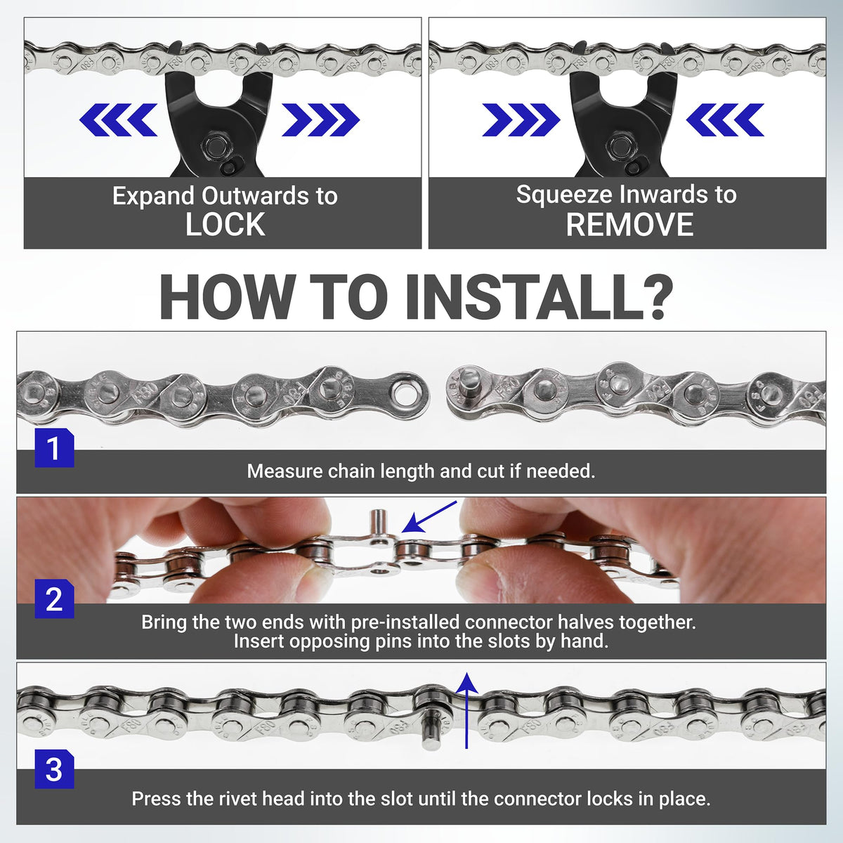 Instructional diagram showing how to install and remove a 6/7/8 speed bicycle chain using a master link connector.