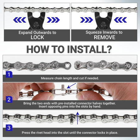Instructional diagram showing how to install and remove a 6/7/8 speed bicycle chain using a master link connector.