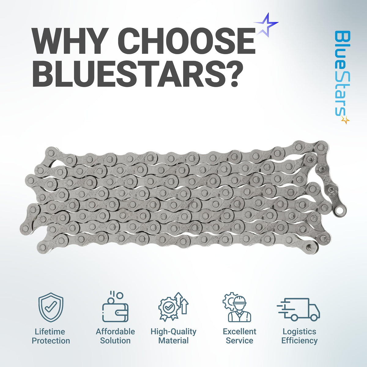 Silver 6/7/8 speed bicycle chain with BlueStars branding and service benefit icons.