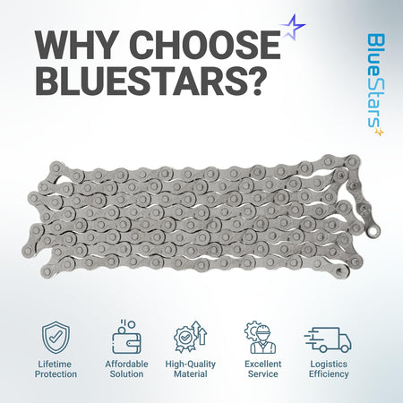 Silver 6/7/8 speed bicycle chain with BlueStars branding and service benefit icons.
